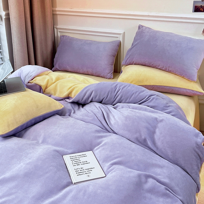 91家纺网 家纺一手货源 找家纺 梵克保罗 2025秋冬新款ins风小红书高克重纯色双拼牛奶绒单被套 芋泥奶紫