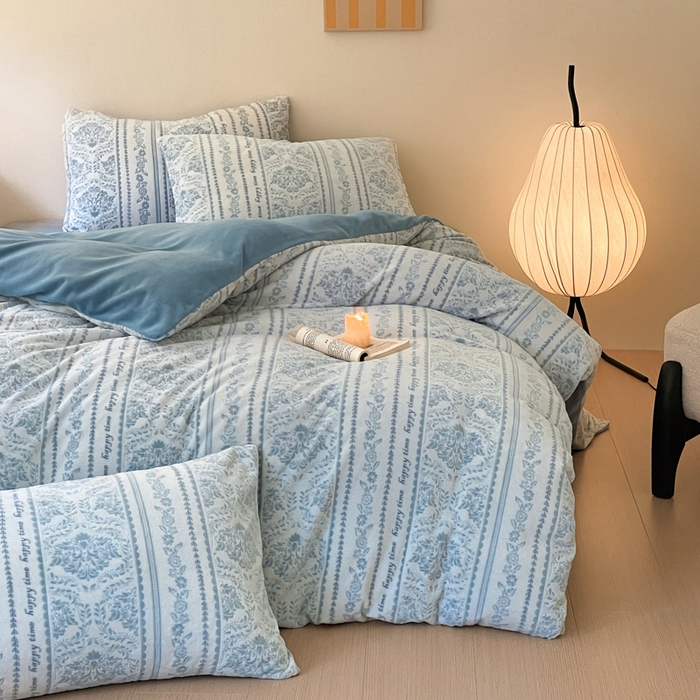 91家纺网 家纺一手货源 找家纺 雅居纺家纺 2025新款花卉雕花绒加厚保暖四件套 法式风情-蓝