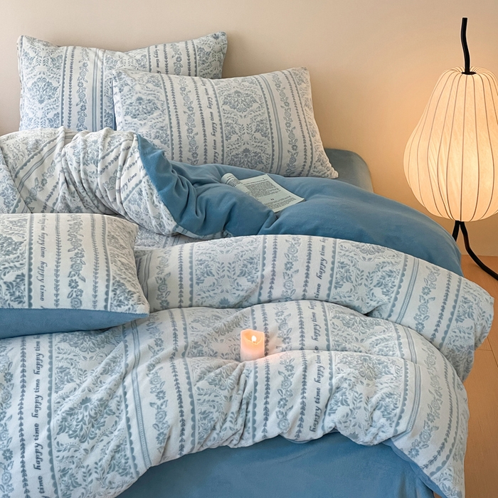 91家纺网 家纺一手货源 找家纺 雅居纺家纺 2025新款花卉雕花绒加厚保暖四件套 法式风情-蓝