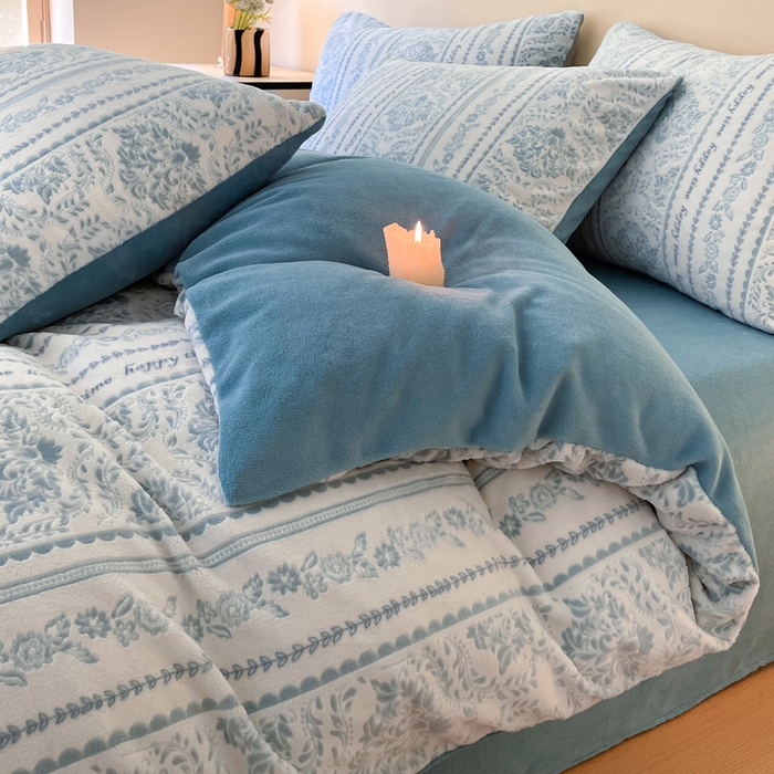 91家纺网 家纺一手货源 找家纺 雅居纺家纺 2025新款花卉雕花绒加厚保暖四件套 法式风情-蓝