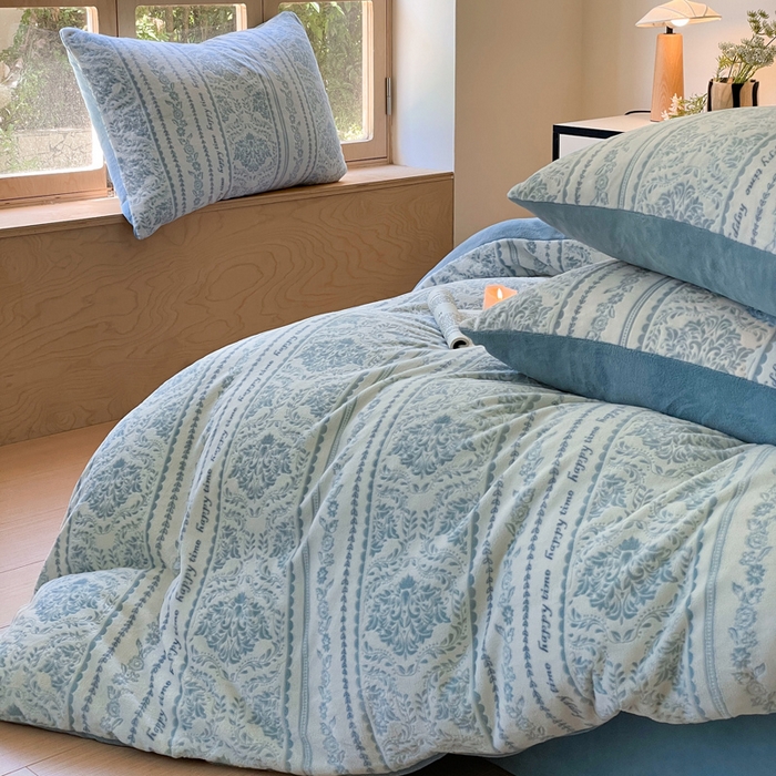 91家纺网 家纺一手货源 找家纺 雅居纺家纺 2025新款花卉雕花绒加厚保暖四件套 法式风情-蓝