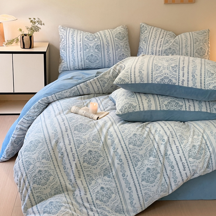 91家纺网 家纺一手货源 找家纺 雅居纺家纺 2025新款花卉雕花绒加厚保暖四件套 法式风情-蓝