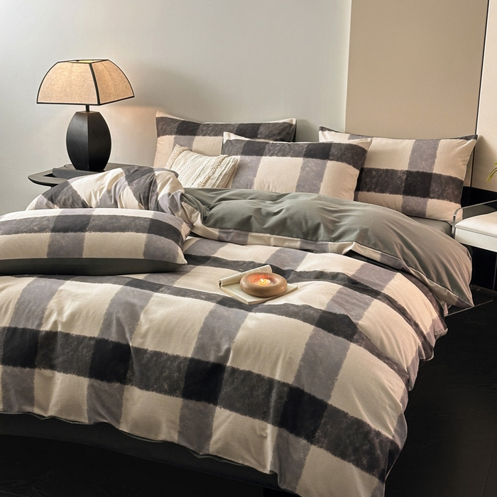 91家纺网 家纺一手货源 找家纺 雅居纺家纺 2025新款简约款全棉磨毛四件套 灰大格