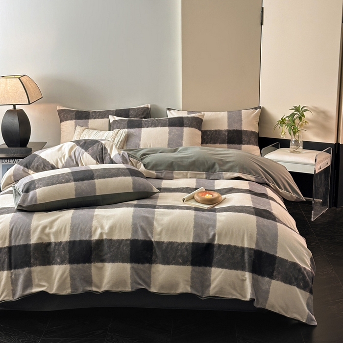 91家纺网 家纺一手货源 找家纺 雅居纺家纺 2025新款简约款全棉磨毛四件套 灰大格