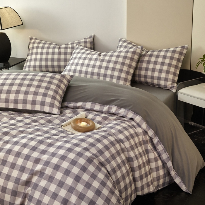 91家纺网 家纺一手货源 找家纺 雅居纺家纺 2025新款简约款全棉磨毛四件套 小格灰