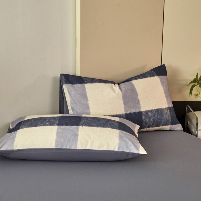 91家纺网 家纺一手货源 找家纺 雅居纺家纺 2025新款简约款全棉磨毛四件套 蓝大格