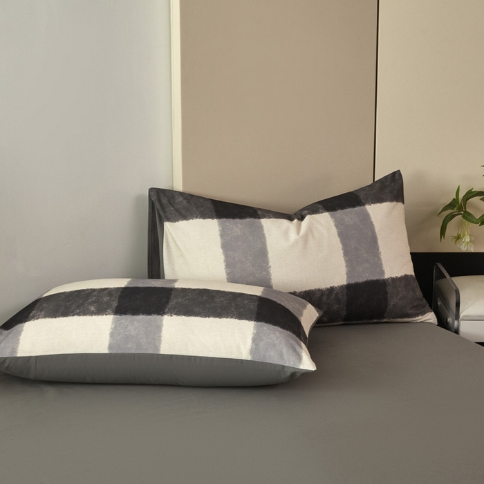 91家纺网 家纺一手货源 找家纺 雅居纺家纺 2025新款简约款全棉磨毛四件套 灰大格