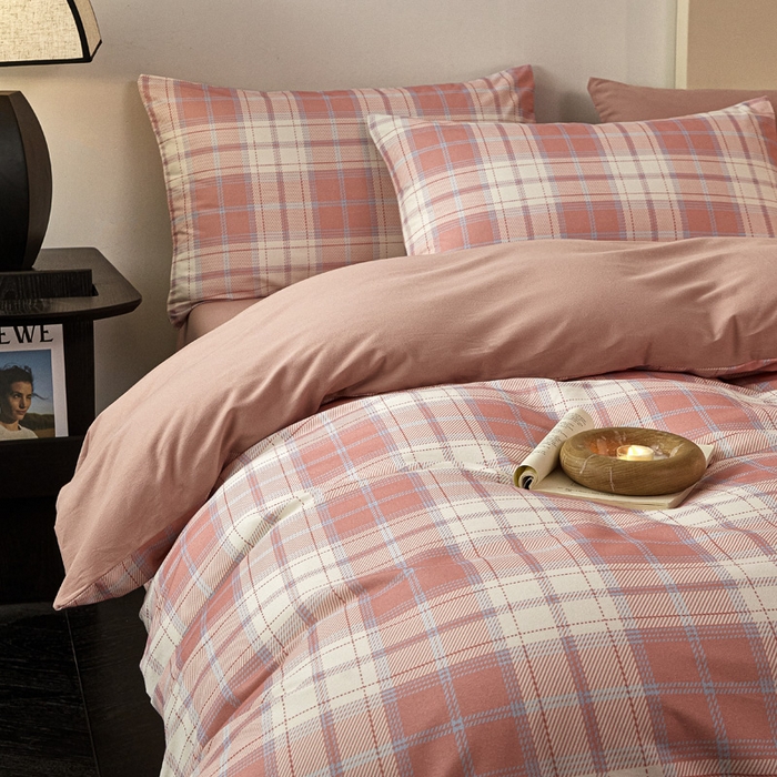 91家纺网 家纺一手货源 找家纺 雅居纺家纺 2025新款简约款全棉磨毛四件套 旋律-粉格