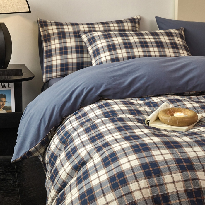 91家纺网 家纺一手货源 找家纺 雅居纺家纺 2025新款简约款全棉磨毛四件套 旋律-蓝格