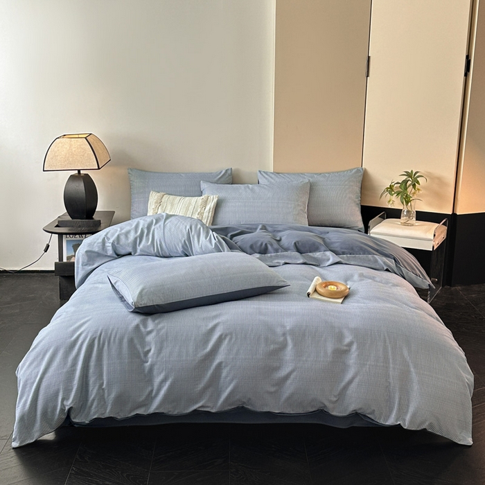 雅居纺家纺 2025新款简约款全棉磨毛四件套 宁静-蓝条
