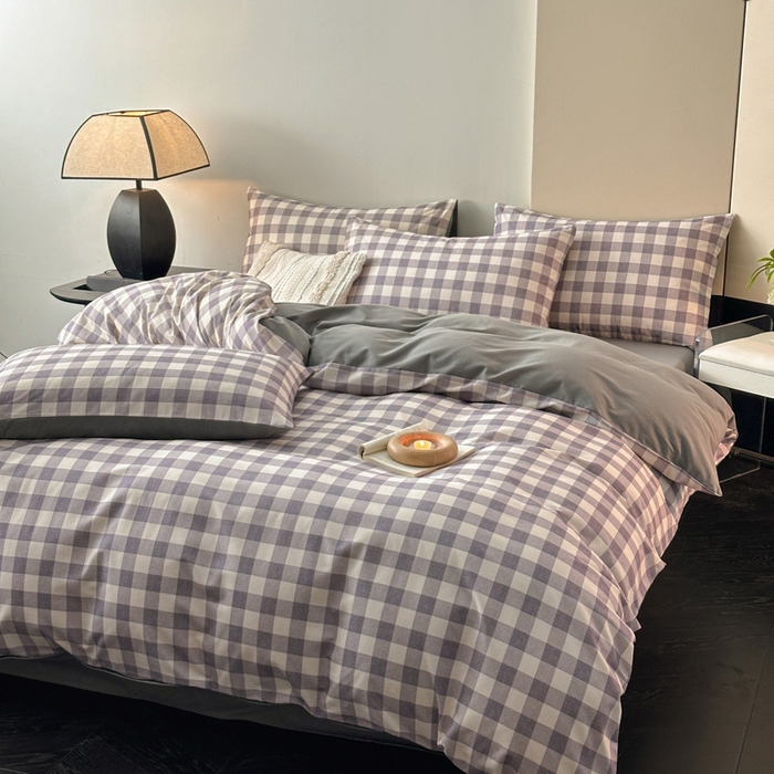 91家纺网 家纺一手货源 找家纺 雅居纺家纺 2025新款简约款全棉磨毛四件套 小格灰