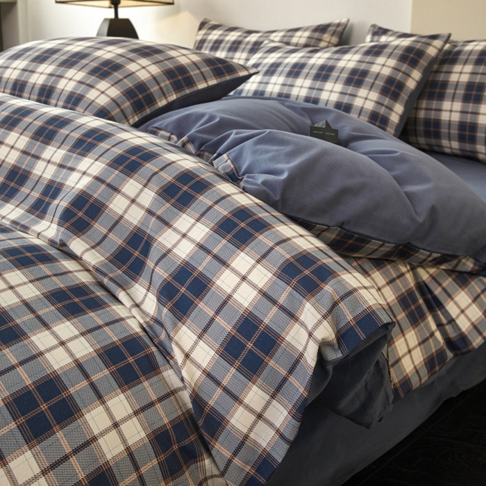 91家纺网 家纺一手货源 找家纺 雅居纺家纺 2025新款简约款全棉磨毛四件套 旋律-蓝格