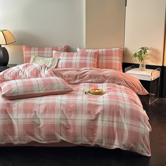 91家纺网 家纺一手货源 找家纺 雅居纺家纺 2025新款简约款全棉磨毛四件套 旋律-粉格