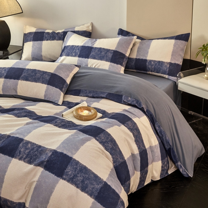 91家纺网 家纺一手货源 找家纺 雅居纺家纺 2025新款简约款全棉磨毛四件套 蓝大格