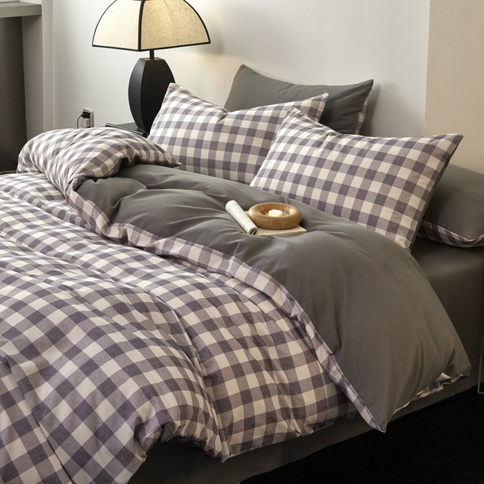 91家纺网 家纺一手货源 找家纺 雅居纺家纺 2025新款简约款全棉磨毛四件套 小格灰