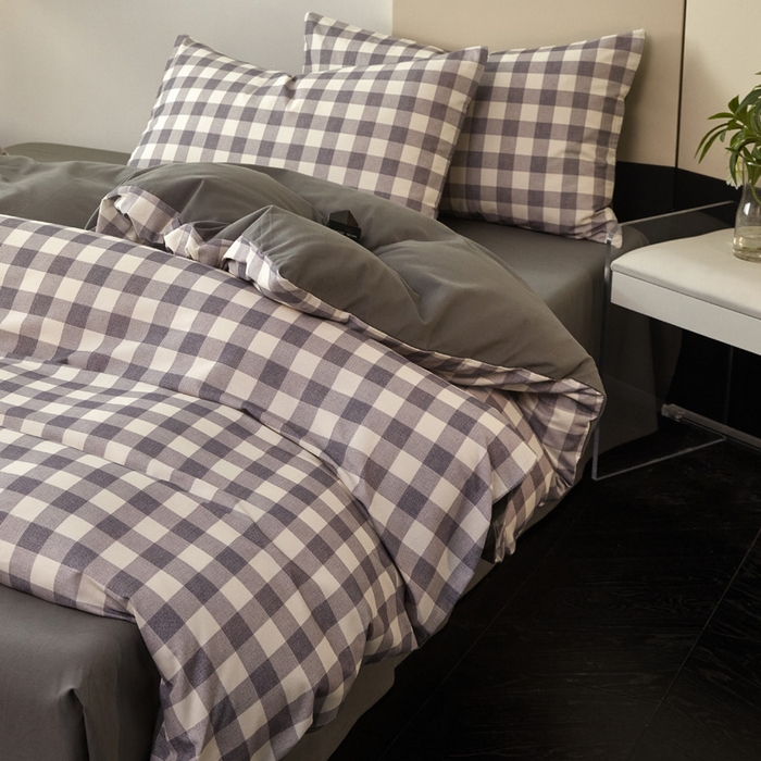 91家纺网 家纺一手货源 找家纺 雅居纺家纺 2025新款简约款全棉磨毛四件套 小格灰