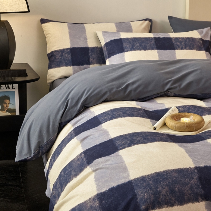 91家纺网 家纺一手货源 找家纺 雅居纺家纺 2025新款简约款全棉磨毛四件套 蓝大格