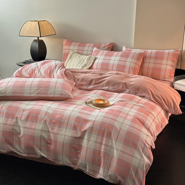 91家纺网 家纺一手货源 找家纺 雅居纺家纺 2025新款简约款全棉磨毛四件套 旋律-粉格