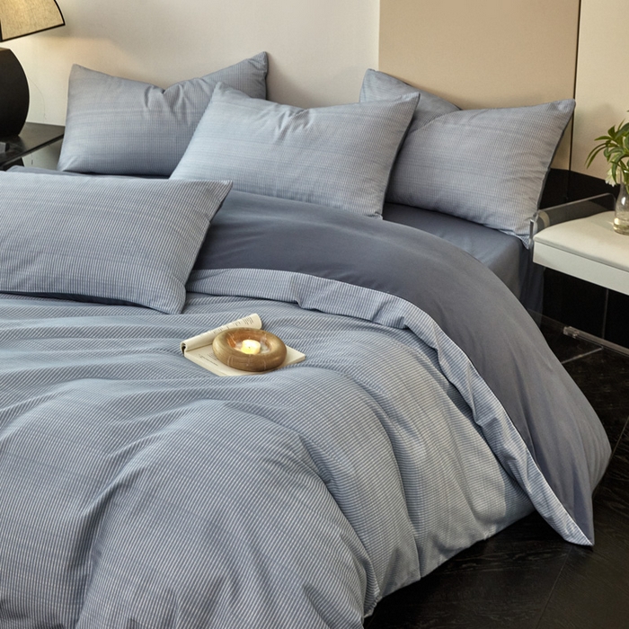 91家纺网 家纺一手货源 找家纺 雅居纺家纺 2025新款简约款全棉磨毛四件套 宁静-蓝条