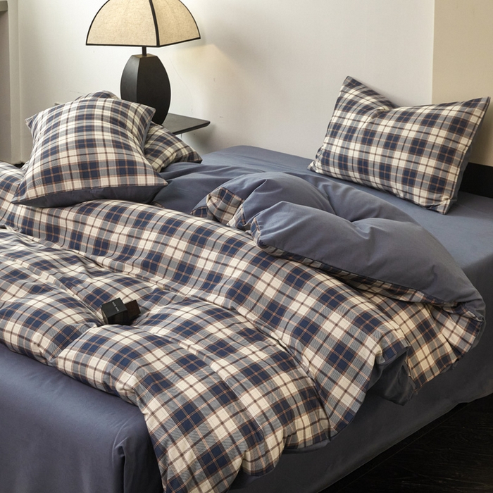 91家纺网 家纺一手货源 找家纺 雅居纺家纺 2025新款简约款全棉磨毛四件套 旋律-蓝格