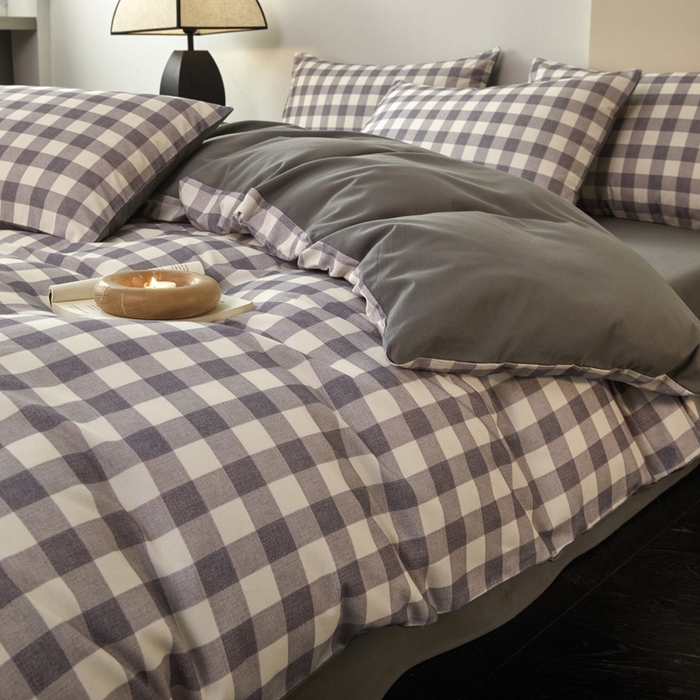 91家纺网 家纺一手货源 找家纺 雅居纺家纺 2025新款简约款全棉磨毛四件套 小格灰