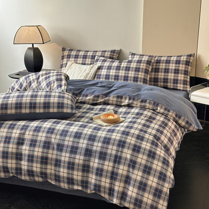 91家纺网 家纺一手货源 找家纺 雅居纺家纺 2025新款简约款全棉磨毛四件套 旋律-蓝格