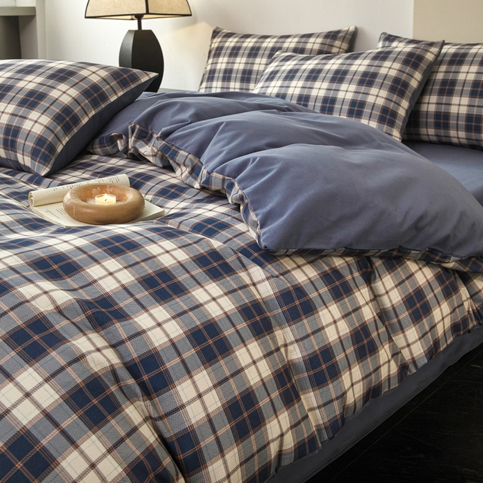 91家纺网 家纺一手货源 找家纺 雅居纺家纺 2025新款简约款全棉磨毛四件套 旋律-蓝格