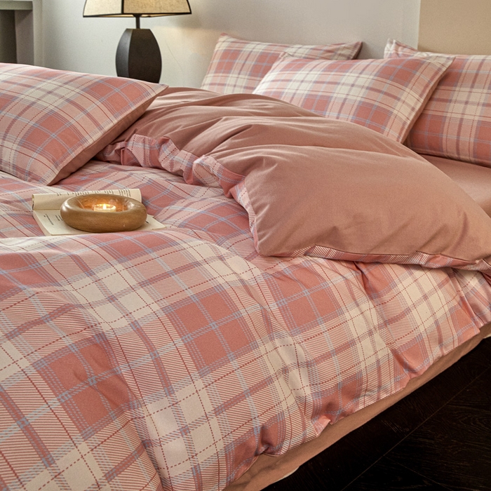 91家纺网 家纺一手货源 找家纺 雅居纺家纺 2025新款简约款全棉磨毛四件套 旋律-粉格