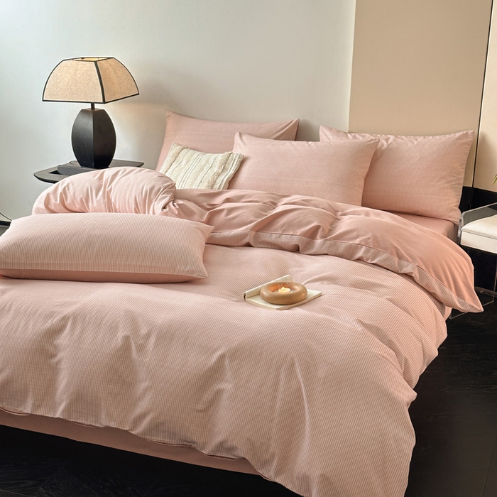 91家纺网 家纺一手货源 找家纺 雅居纺家纺 2025新款简约款全棉磨毛四件套 宁静-粉条