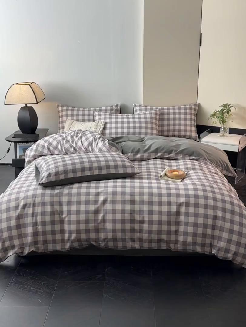 91家纺网 家纺一手货源 找家纺 雅居纺家纺 2025新款简约款全棉磨毛四件套 小格灰