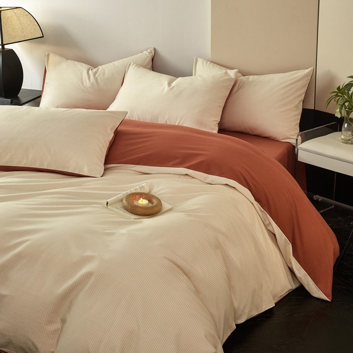 91家纺网 家纺一手货源 找家纺 雅居纺家纺 2025新款简约款全棉磨毛四件套 宁静-焦糖条