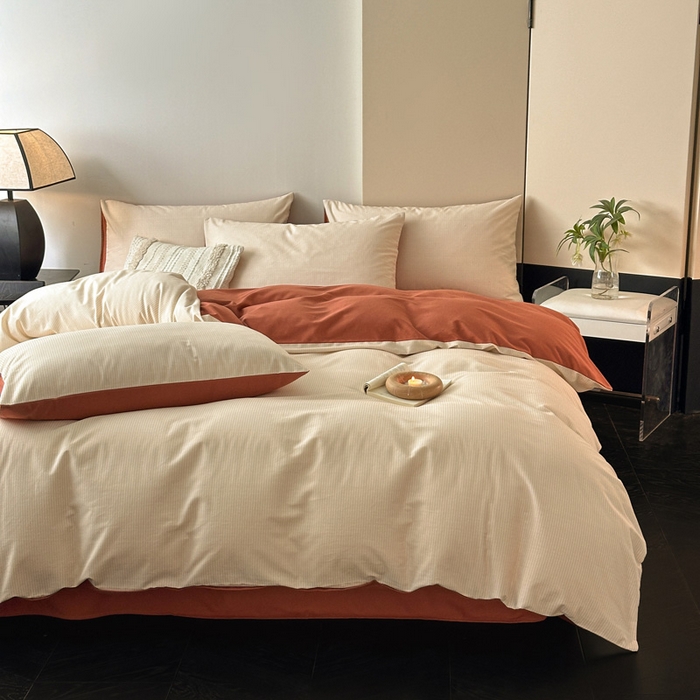 91家纺网 家纺一手货源 找家纺 雅居纺家纺 2025新款简约款全棉磨毛四件套 宁静-焦糖条