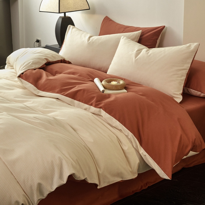 91家纺网 家纺一手货源 找家纺 雅居纺家纺 2025新款简约款全棉磨毛四件套 宁静-焦糖条