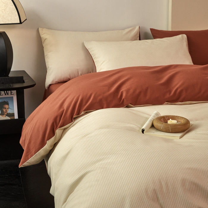 91家纺网 家纺一手货源 找家纺 雅居纺家纺 2025新款简约款全棉磨毛四件套 宁静-焦糖条