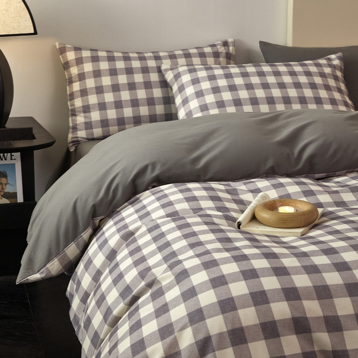 91家纺网 家纺一手货源 找家纺 雅居纺家纺 2025新款简约款全棉磨毛四件套 小格灰