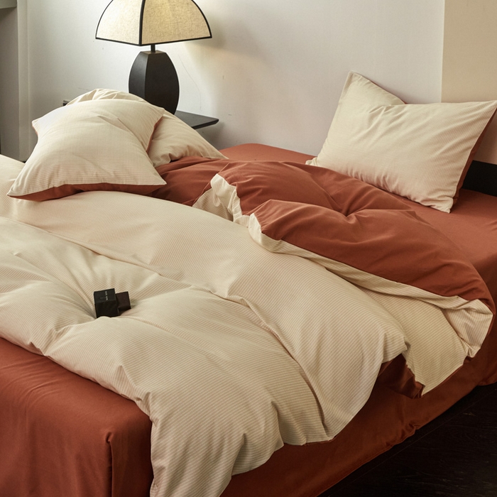 91家纺网 家纺一手货源 找家纺 雅居纺家纺 2025新款简约款全棉磨毛四件套 宁静-焦糖条