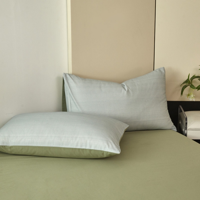 91家纺网 家纺一手货源 找家纺 雅居纺家纺 2025新款简约款全棉磨毛四件套 宁静-绿条