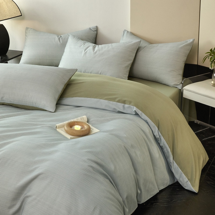 91家纺网 家纺一手货源 找家纺 雅居纺家纺 2025新款简约款全棉磨毛四件套 宁静-绿条