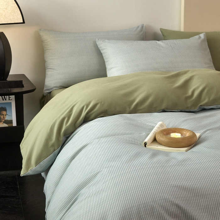 91家纺网 家纺一手货源 找家纺 雅居纺家纺 2025新款简约款全棉磨毛四件套 宁静-绿条