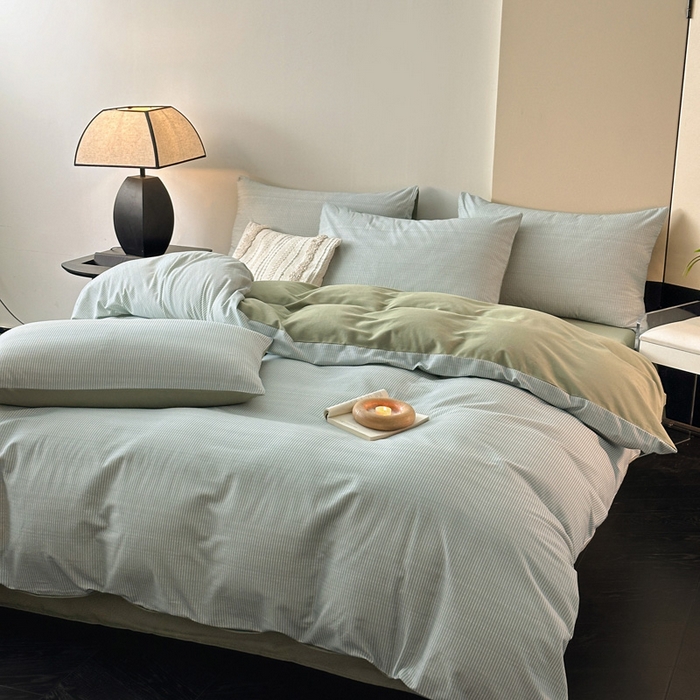 91家纺网 家纺一手货源 找家纺 雅居纺家纺 2025新款简约款全棉磨毛四件套 宁静-绿条