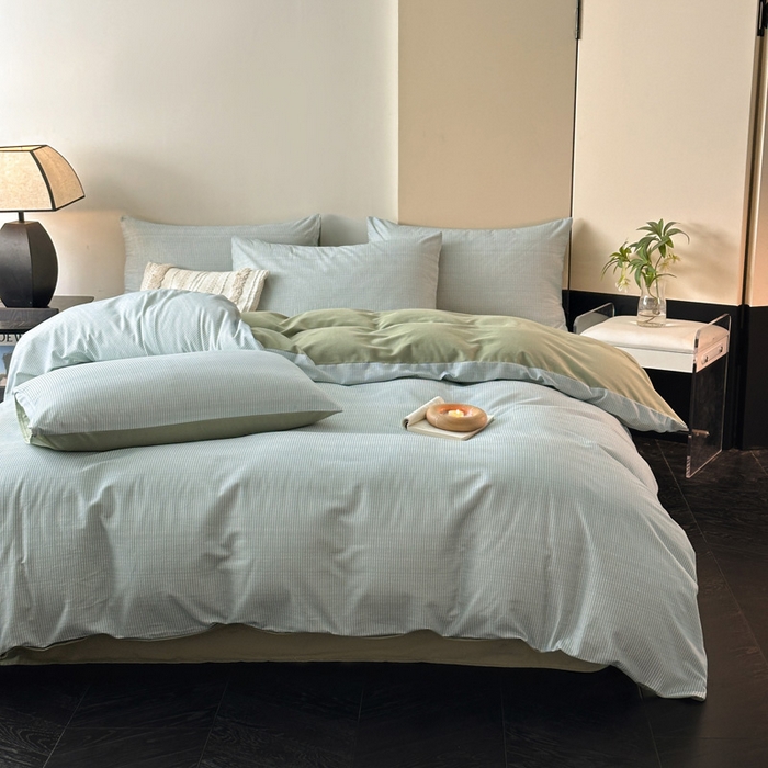 91家纺网 家纺一手货源 找家纺 雅居纺家纺 2025新款简约款全棉磨毛四件套 宁静-绿条