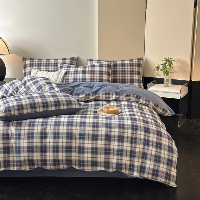 91家纺网 家纺一手货源 找家纺 雅居纺家纺 2025新款简约款全棉磨毛四件套 旋律-蓝格