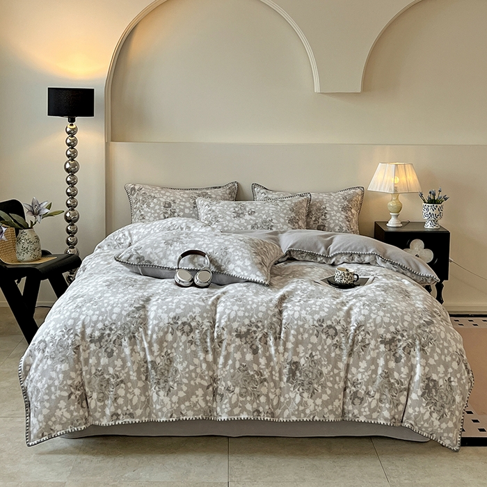 品乐家纺 2025秋冬新款糯米绒缇肤绒印花贝壳边四件套 卡拉-灰