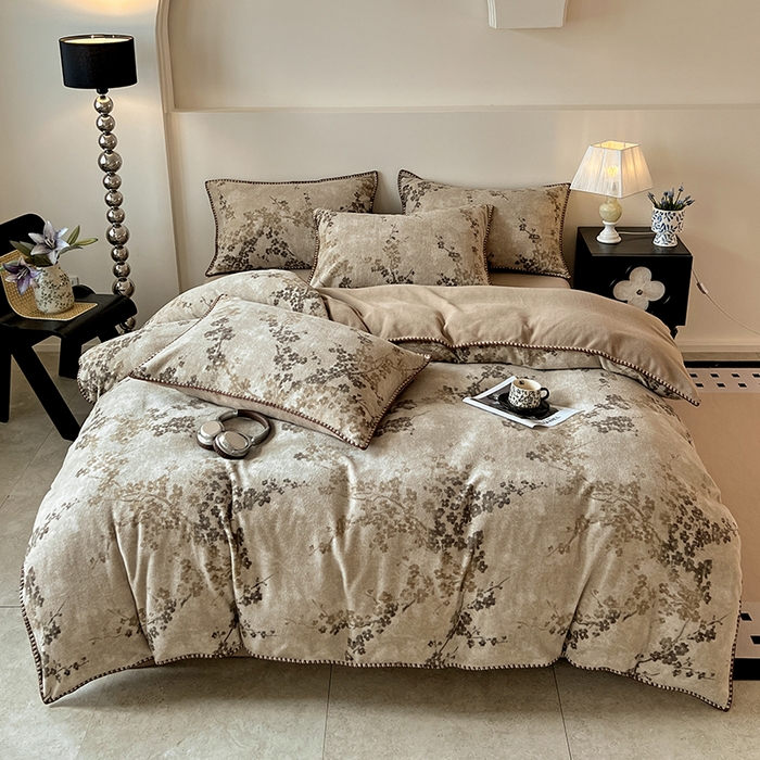 品乐家纺 2025秋冬新款糯米绒缇肤绒印花贝壳边四件套 叶茂-驼