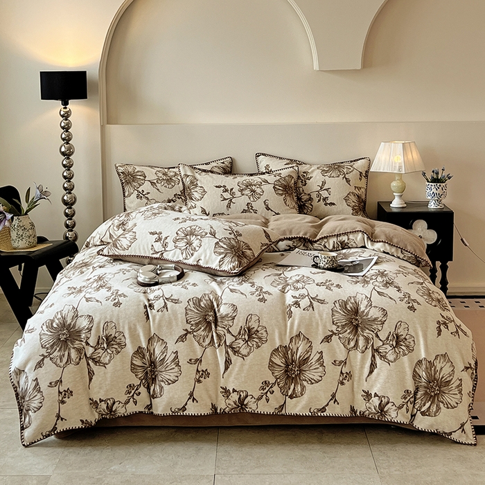 品乐家纺 2025秋冬新款糯米绒缇肤绒印花贝壳边四件套 浅夏-咖