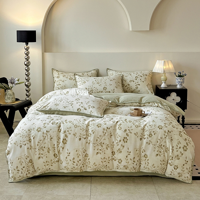 品乐家纺 2025秋冬新款糯米绒缇肤绒印花贝壳边四件套 南笙-绿