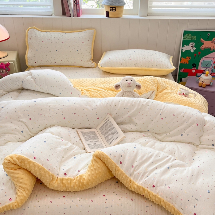 91家纺网 家纺一手货源 找家纺 铺尚美家纺 2025新款云感双层纱ins少女心可爱系加厚豆豆被床盖暖梦系列（小红书推荐） 彩带