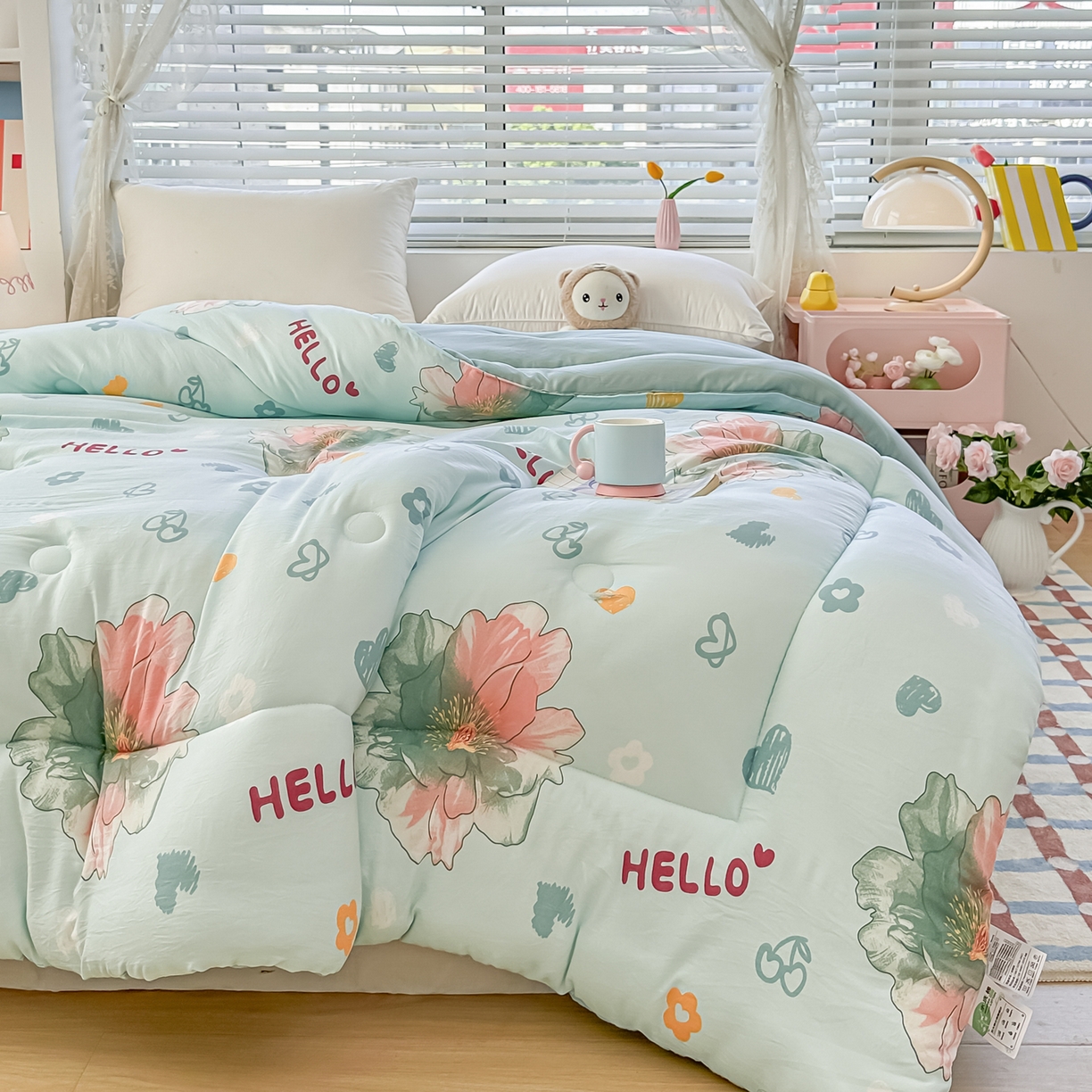 91家纺网 家纺一手货源 找家纺 好欣怡家纺 2025新款A类水洗棉冬被大豆纤维学生四季被子被芯跨境直播（提供买家秀质检报告） 花颜