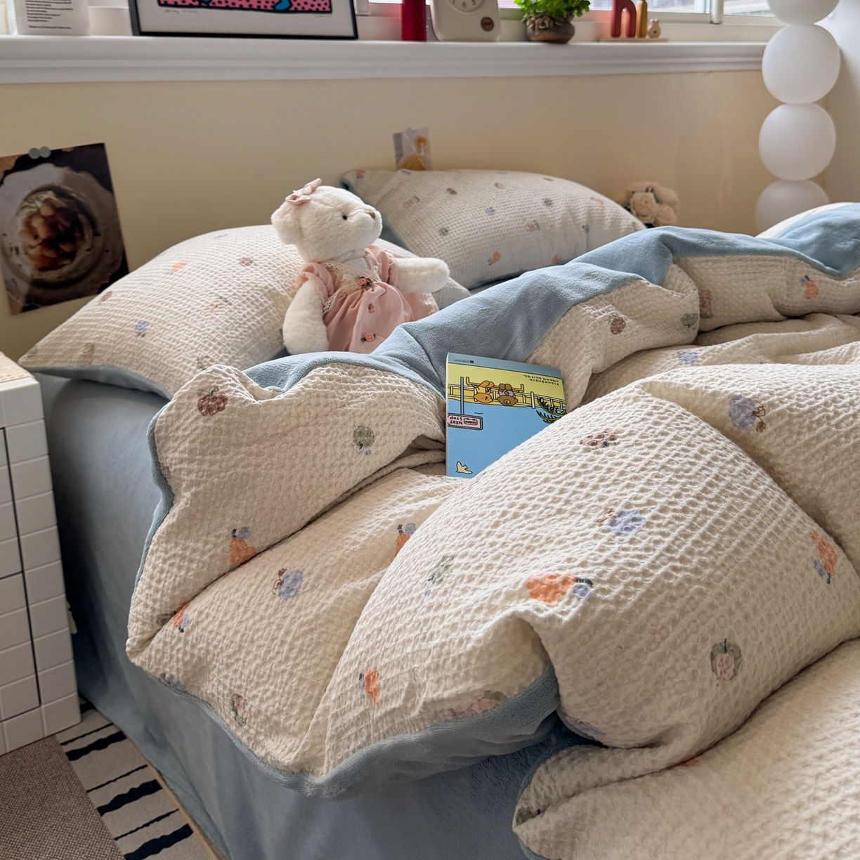 91家纺网 家纺一手货源 找家纺 雅居纺家纺 2025新款全棉华夫格+牛奶绒印花四件套 华夫格-牛奶绒 蓝色果园