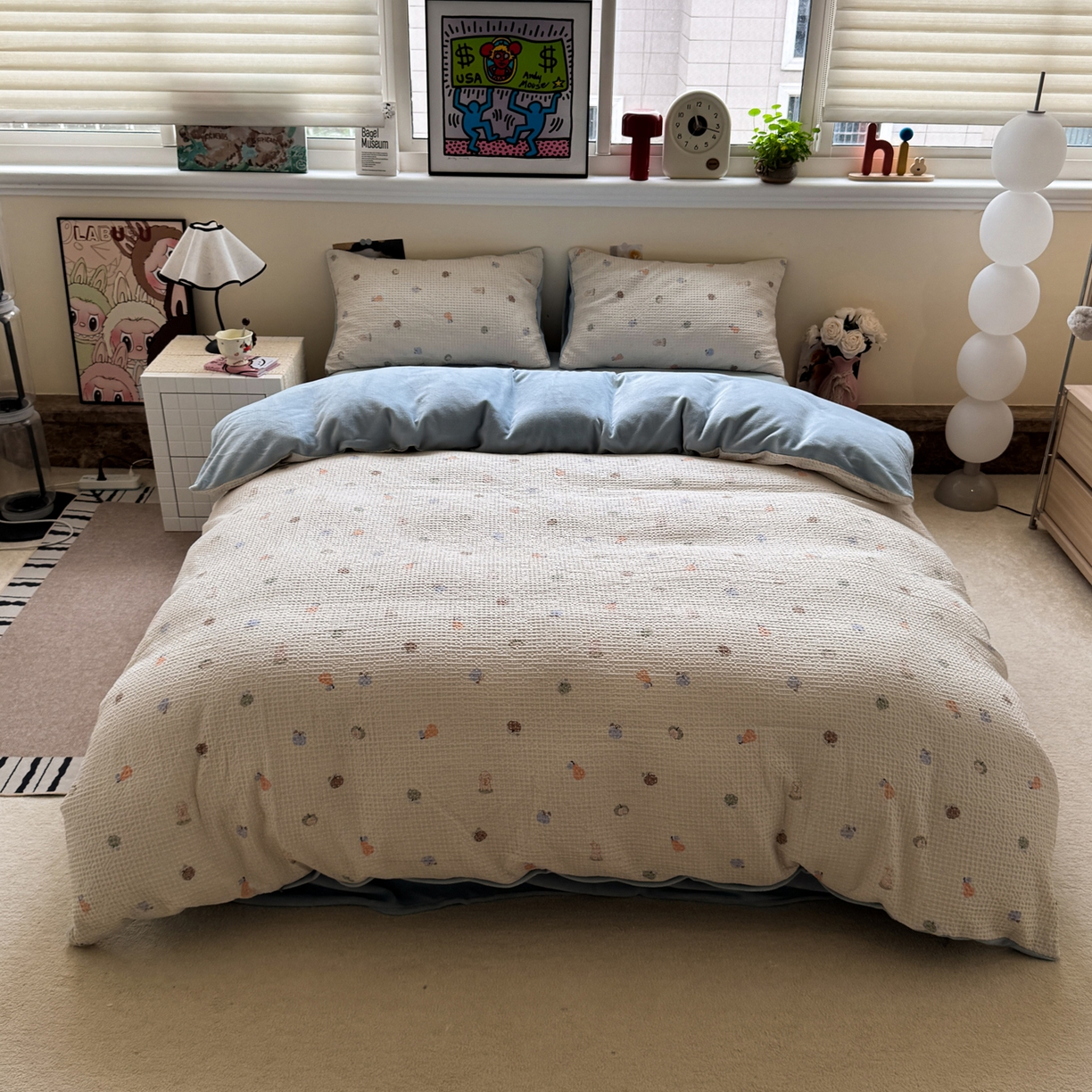 91家纺网 家纺一手货源 找家纺 雅居纺家纺 2025新款全棉华夫格+牛奶绒印花四件套 华夫格-牛奶绒 蓝色果园